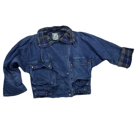 Vintage Jean Oversized Bomber Jacket with Tartan Plaid Lining Boyfriend - Picture 2 of 16